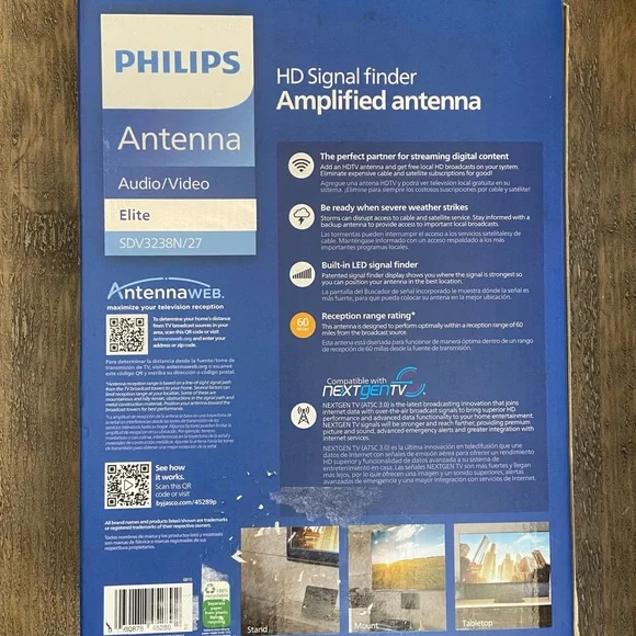 PHILIPS HD Elite Signal Finder Amplified Antenna 60 Mile Range (10ft Coax) - Picture 4 of 4